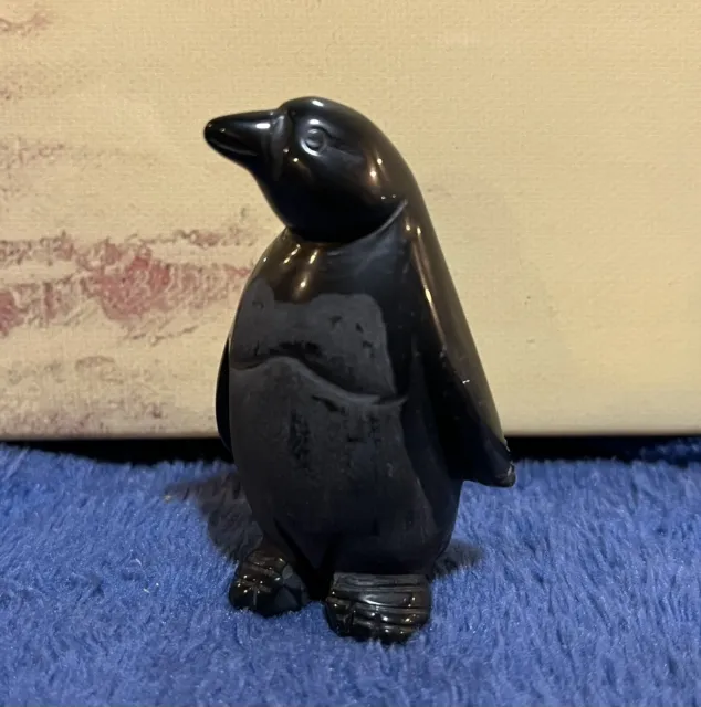Black Onyx Penguin Bird Gemstone Figurine Stone Carving Gem 2 1/4”