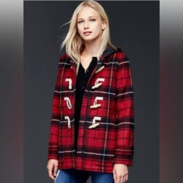 Gap Contrast Wool Blend Toggle Coat Red Black Plaid Women’s Size S Tall