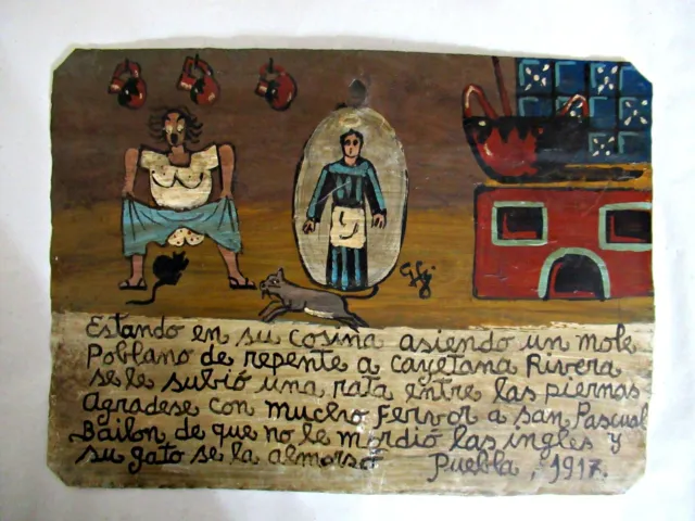 Vtg Hp Mexican Tin Retablo San Pascual Bailon Saves Woman From A Rat; Dated 1917