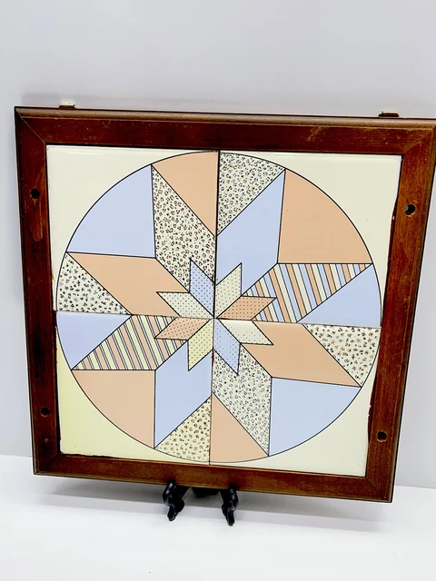 Vtg Floral 1970s Decorative Framed Quilted Star Pattern Tile Art Colorful 10”