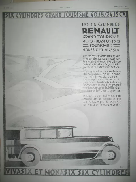 Publicite De Presse Renault Monasix Vivasix 6 Cyl. Grand Tourisme French Ad 1928