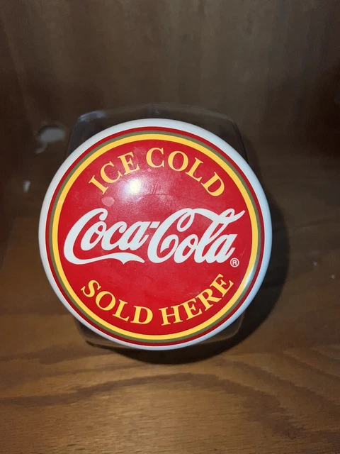 Vintage "Ice Cold Coca Cola Sold Here" 4 1/2" Lid w/Glass Cookie Jar Canister