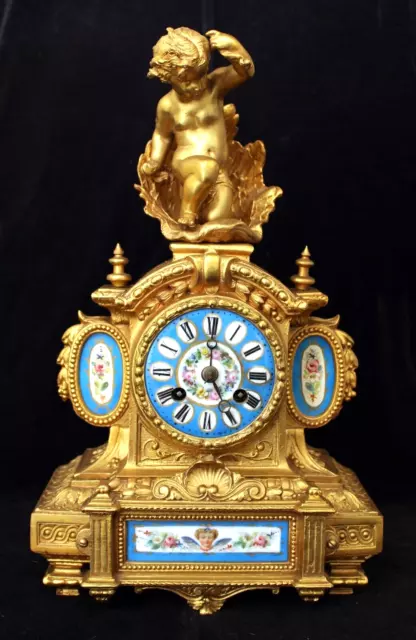 Antique Japy French Mantel Clock, Lg Cherub, Painted Porcelain Dial & Panels 14"