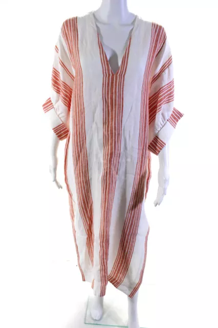 Three Graces London Womens Orange White Striped Linen V-Neck Shirt Dress Size 6