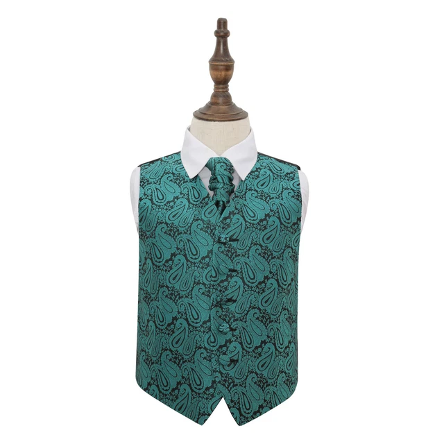 DQT Floral Paisley Teal Boys Wedding Waistcoat & Cravat Set