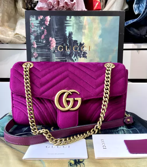 GUCCI • Magenta Matelassé Velvet GG Marmont Shoulder Bag