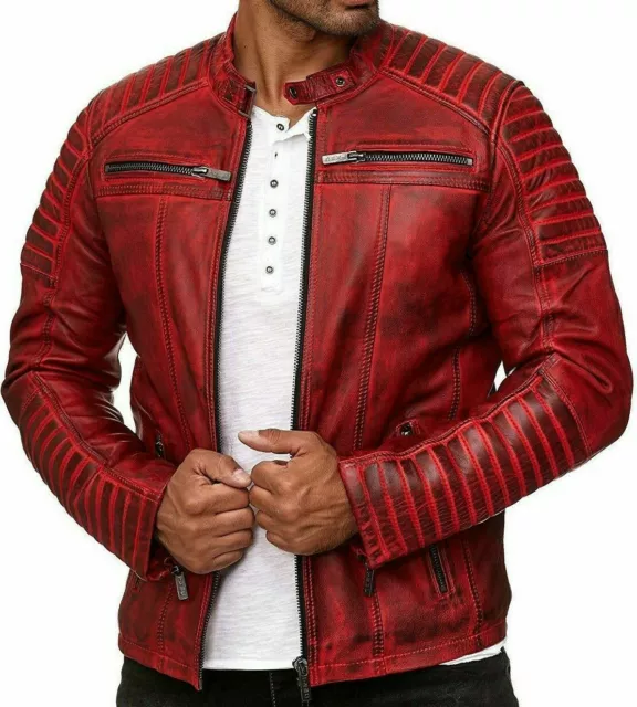 Uomo Giacca IN Vera Pelle Cafe Racer Rosso Originale Slim Fit Motociclista Nuovo