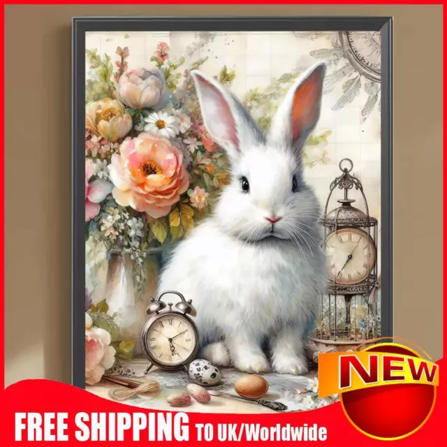 5D DIY Full Round Drill Diamond Painting Cute Rabbit Clock Art Craft 30x40cm