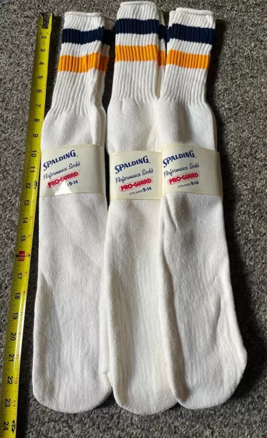 3 Vintage Spalding white Tube Socks Cotton Stripes Blue Gold 70's 80's retro USA