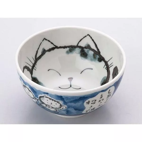 5.0 Donburi Bowl with Happy Lucky Cat Pattern Blue Mino Ware Porcelain