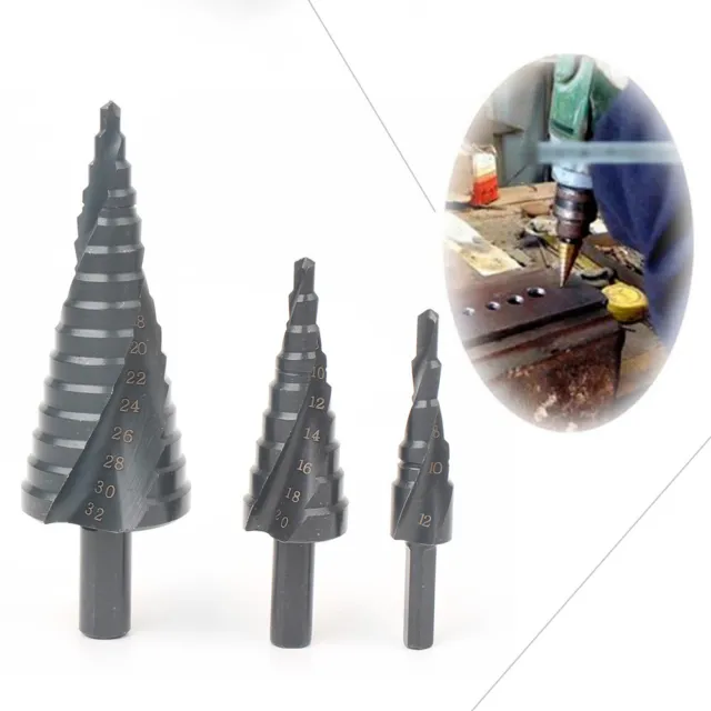 3x HSS Spiral Step Cone Titanium Drill Bit Hole Cutter Tool 4-12/4-20/4-32mm