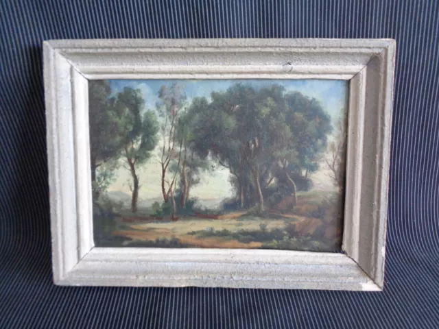 ancien tableau paysage de forêt peinture sur bois (acajou)