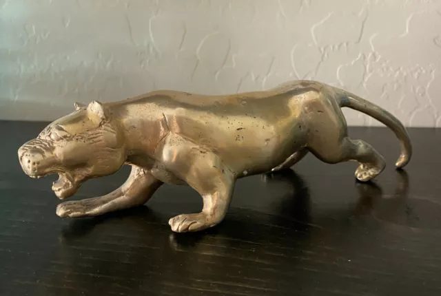 Hand Made Vintage Brass Panther Figure Big Cat Prowling Statue 8" long