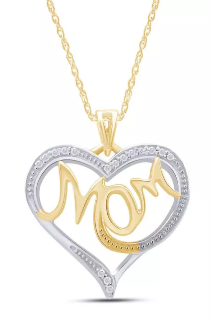 Mom Heart Pendant Necklace Natural Diamond Accent 14K Yellow Gold Plated Silver