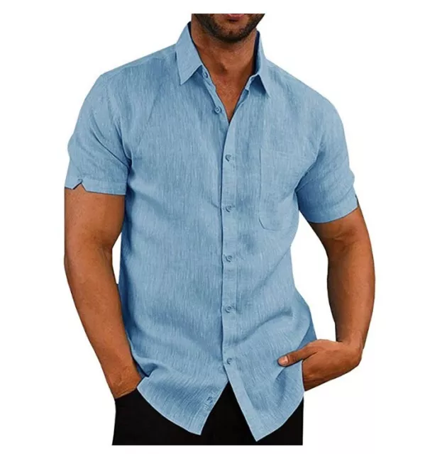 Mens Cotton Linen Shirt Tops Summer Short Sleeve Casual Slim Fit Buttons T-shirt