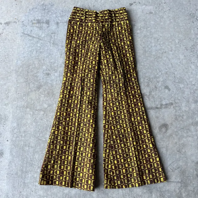 Vintage 70s Bell Bottom Pants By H.I.S. for HER Yellow Brown Pattern Flare Hippy