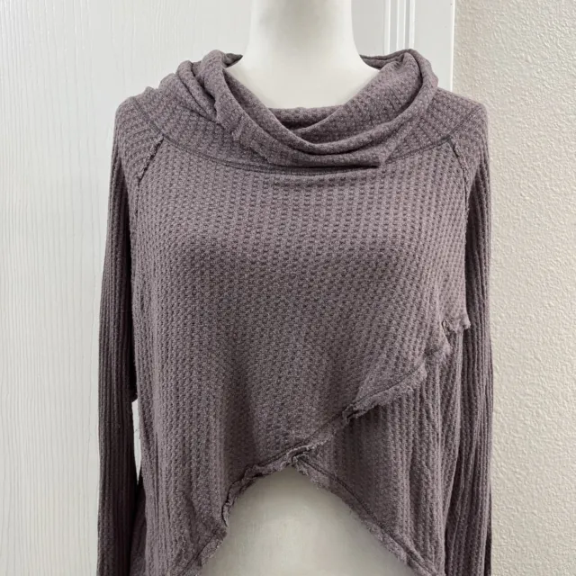 We The Free People Luxe Waffle Knit Cowl Neck Drape Long Sleeve Thermal Top M 2