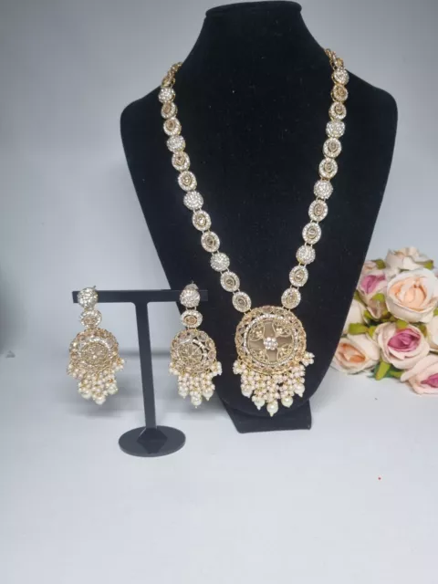 Indian Pakistani 2 piece gold Mala set with Champagne stones And Pearl