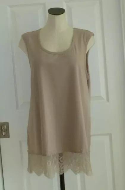 Soft Surroundings Beige Cotton Jersey Knit w/Scallop Lace Hem Long Shell Top 2X