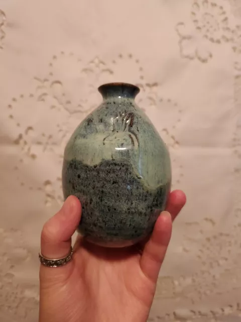 VTG Studio Art Pottery Hand Thrown Pinched Vase Blue Green Pink White Signed