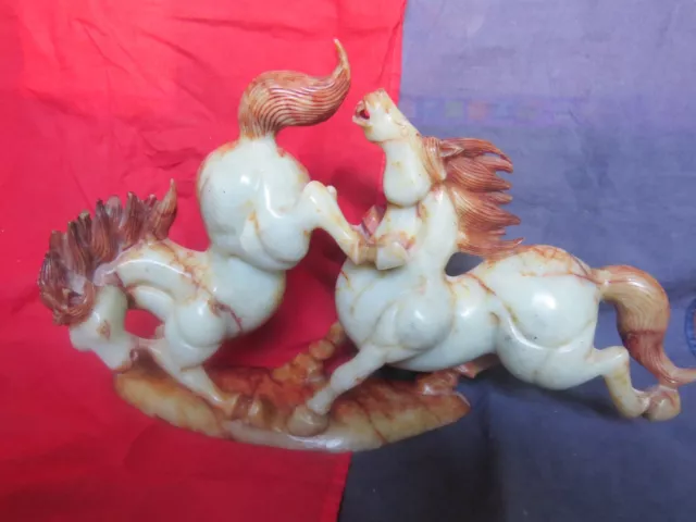 Pair Antique Chinese Carved Green With Fire Red Soapstone Wild Horses Figurines