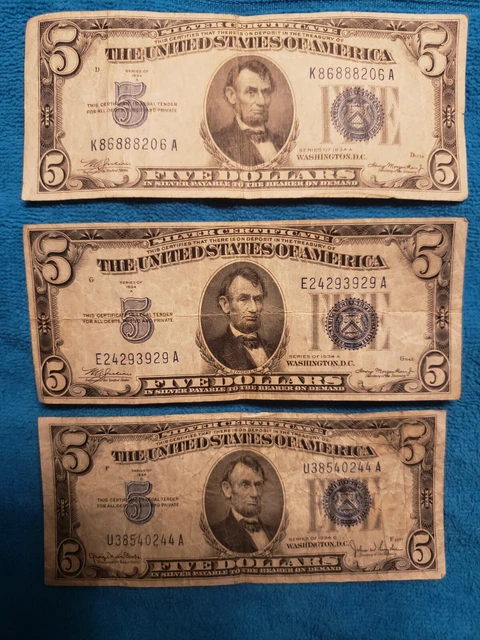 (3) 1934 a and d - Five Dollar Silver Certificate $5 Bill Blue Seal Note