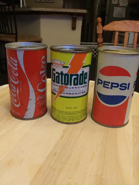 3) Vintage Straight Steel Soda Cans Coca-cola Pepsi Gatorade