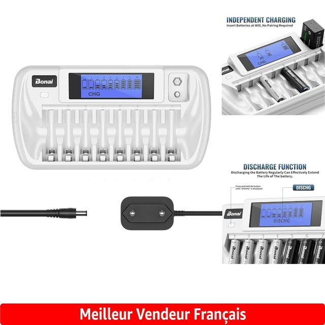 Chargeur Piles AA/AAA/C/D/9V Avec écran LCD - Ports USB-C Et Micro, Charge Rapide Et Décharge