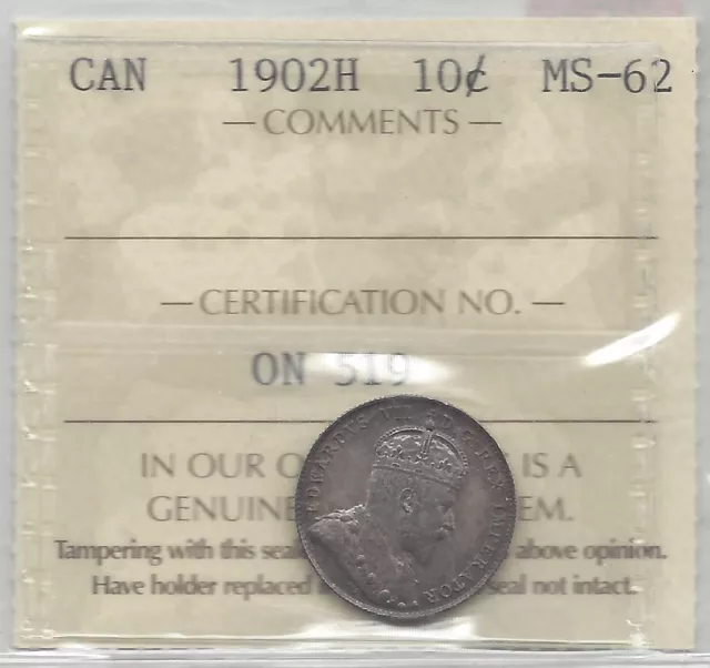 1902H  ICCS Graded Canadian,  10  Cent, **MS-62**