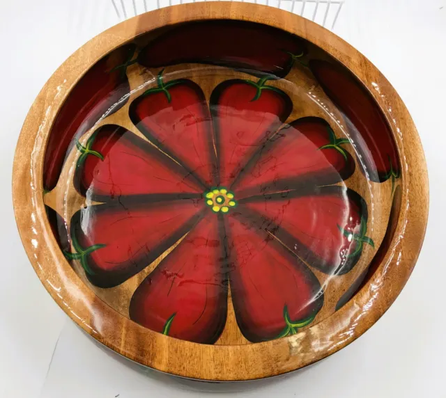 Large Hand Painted Wooden Bowl 12” Red Peppers Lacquered  Fruit Console Bowl