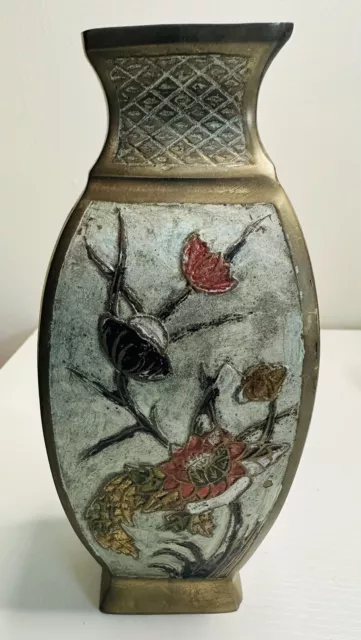Early 20th Century Solid Brass Enamel 7” Vase Vessel Flowers