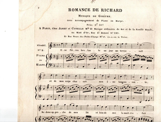 Partition chant piano harpe - Duo Romance in Richard Coeur-de-Lion, par GRETRY