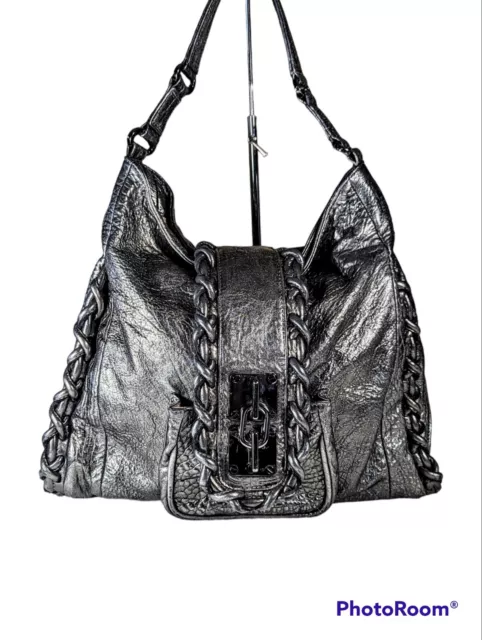 Vintage Treesje Silver Metallic Leather Shoulder Bag Handbag Gun Metal Hardware Vintage Treesje Silver Metallic Leather Shoulder Bag Handbag Gun Metal Hardware