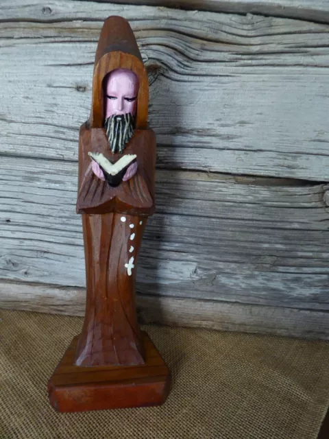 Vintage Hand Carved Wooden Wood Monk Priest Statue Figure Reading Book Bible