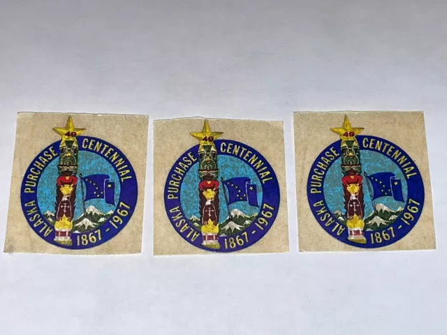 Three Vintage 1867-1967 Alaska Purchase Centennial Totem 49th State Stickers