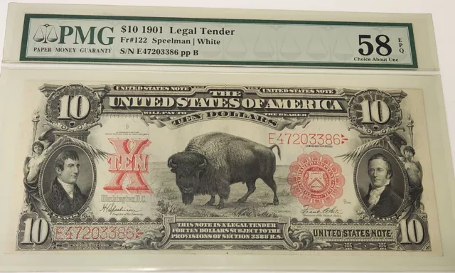 1901 $10 Legal Tender Bison Note Fr# 122 Speelman White Pmg Ch About Unc 58 Epq