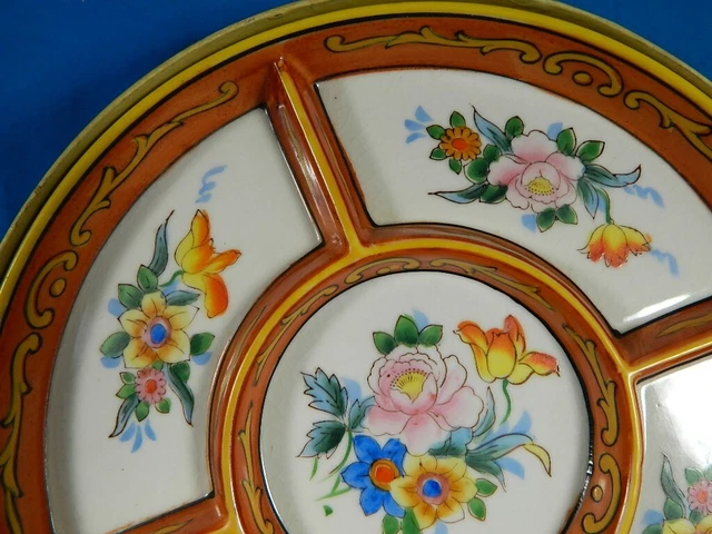 Moriyama Mori-Machi 1920's Hand Painted Divided Dish in Lacquered Bamboo Carrier 3