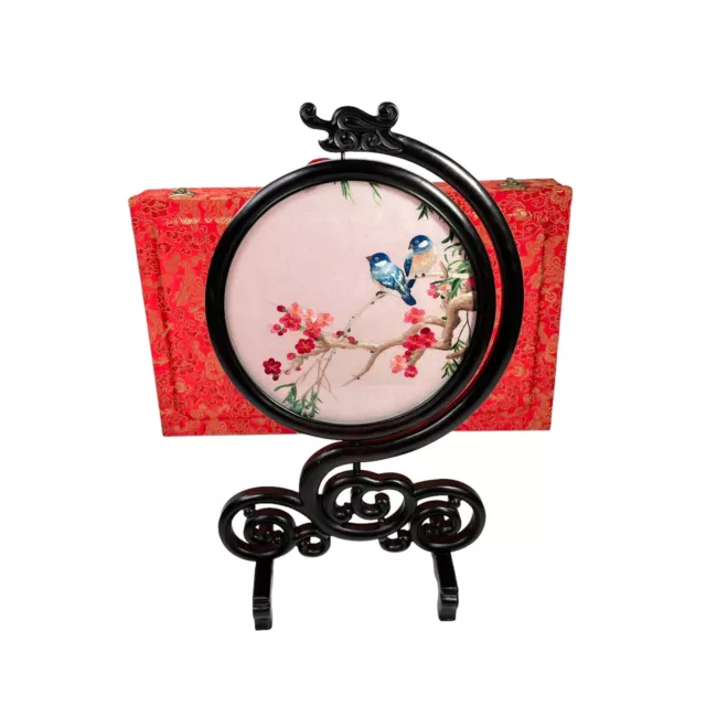 Chinese Silk Embroidery In Spinning Frame With Stand & Box- Birds- EUC