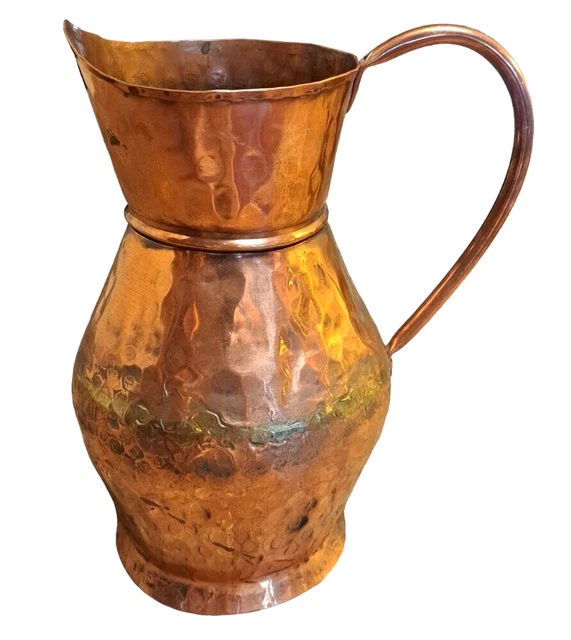 Antique French Copper Pitcher Hand Hammered Brass Zippered Seams