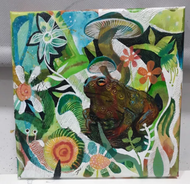 Original Artwork Abstract Toad Garden Flowers Frog Mushrooms Canvas Painting