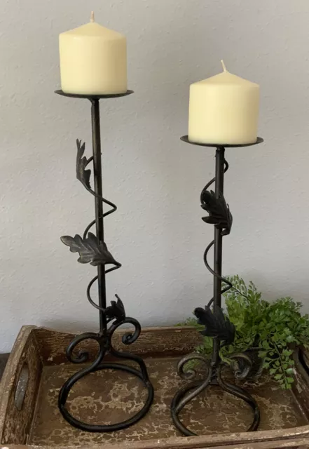 Vtg Fall Leaf Tiered Wrought Iron Pillar Candle Holder Black W Gold Pair Set 2