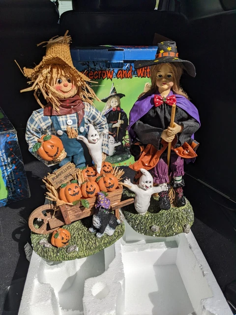 FABRIC MACHE WITCH & SCARECROW FIGURE SET 13" Halloween decor vintage rare cute