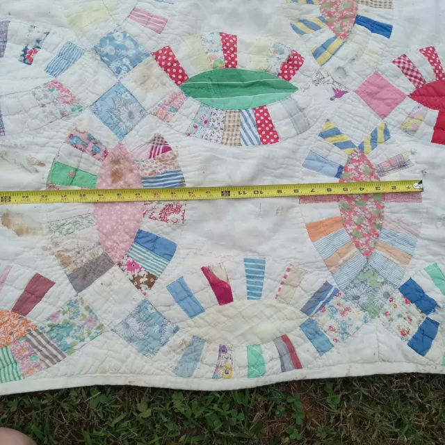 Vintage Double Wedding Ring Quilt 63x77 Hand Stitched CUTTER Stains Holes