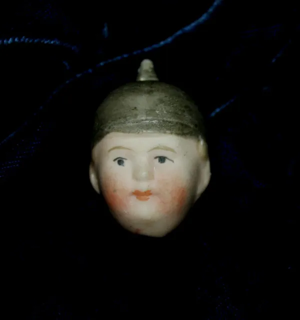 Antique porcelain miniature dollhouse doll all bisque head soldier kaiser helmet