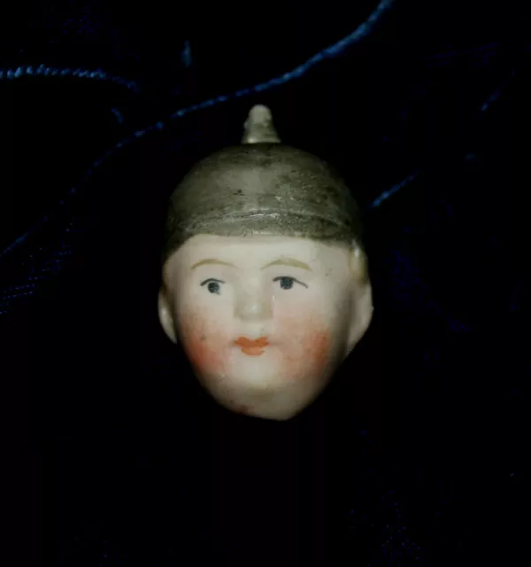 Antique porcelain miniature dollhouse doll all bisque head soldier kaiser helmet