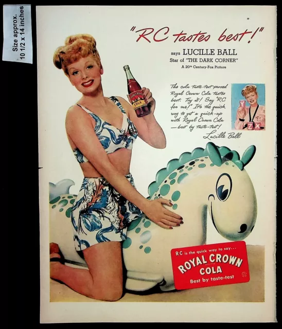 1943 RC Royal Crown Cola Woman Lucille Ball Floatie Horse Vintage Print Ad 39238