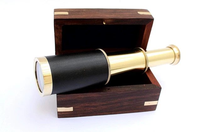 Mini Telescopio Náutico Antiguo Latón Vidrio Vintage Mira con Caja de Madera