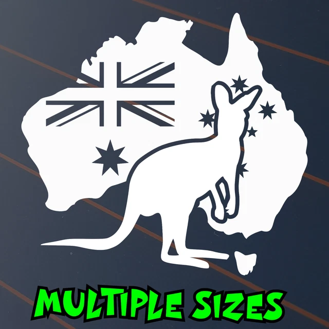 Australian Kangaroo With Flag & Slouch Hat Vinyl Decal – White & Blue, For Car Window, Bumper