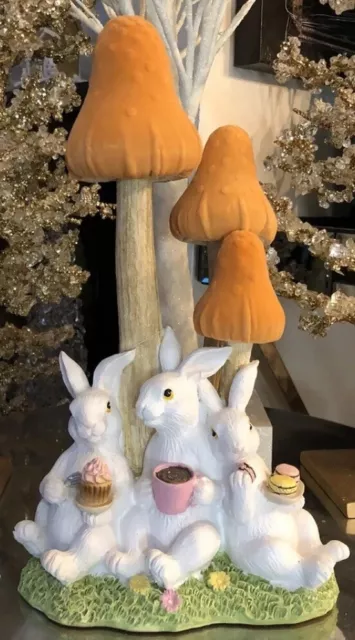 Martha Stewart 14" Easter Bunny Trio With Cupcake Macarons Under Mushroom Statue