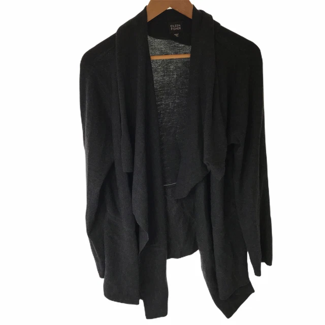 Eileen Fisher Sweater Open Cardigan Women's XL 100% Merino Wool Gray Black
